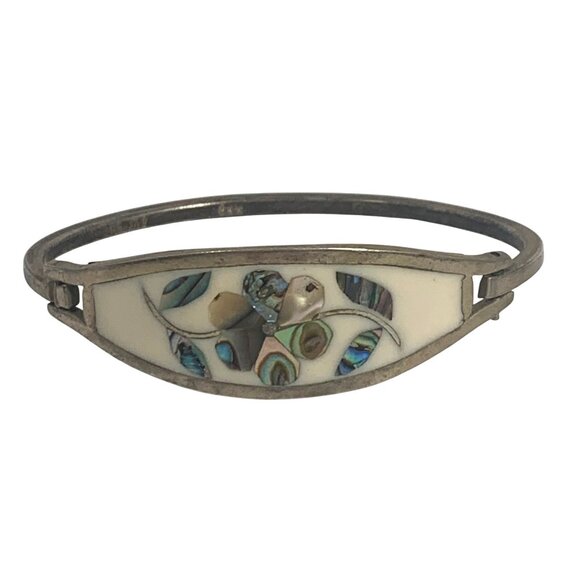 Mexico 925 Silver Bangle Bracelet Mother of Pearl Abalone Inlay Floral Design - Picture 1 of 8